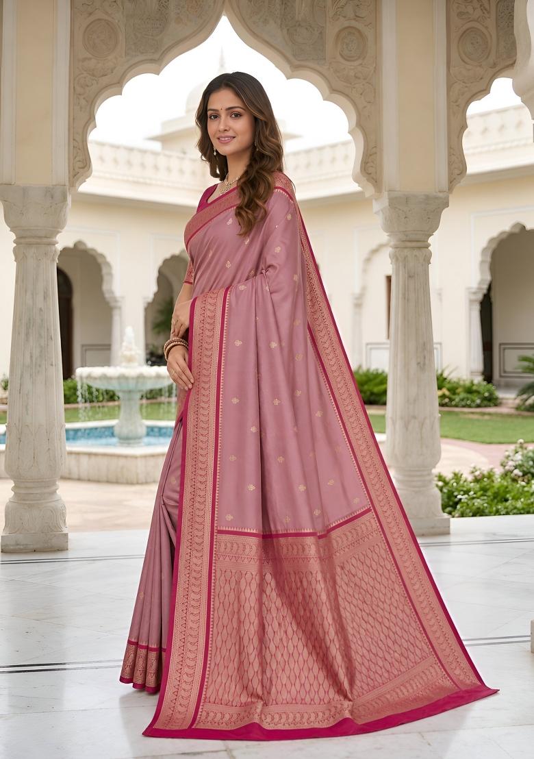Onion Pink Woven Design Banarasi Saree Set - Indya