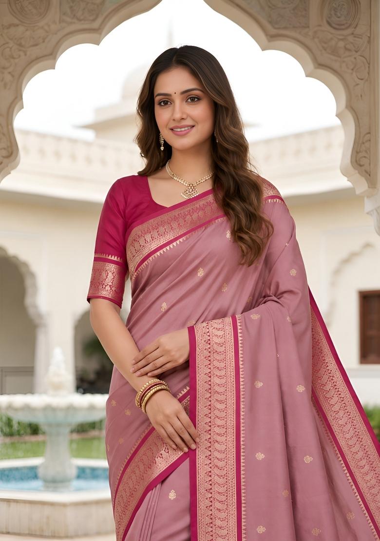 Onion Pink Woven Design Banarasi Saree Set - Indya