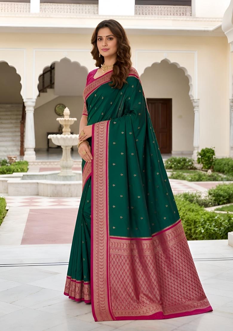 Green Woven Design Banarasi Saree Set - Indya