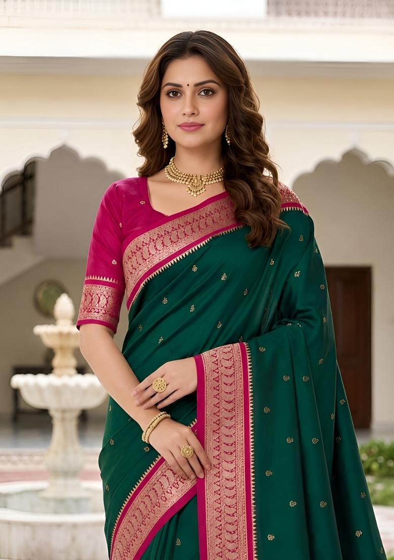 Green Woven Design Banarasi Saree Set - Indya