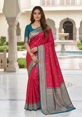 Pink Woven Design Banarasi Saree Set