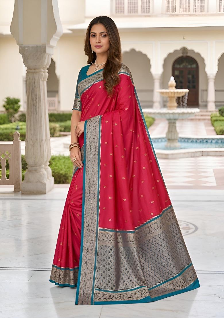 Pink Woven Design Banarasi Saree Set - Indya