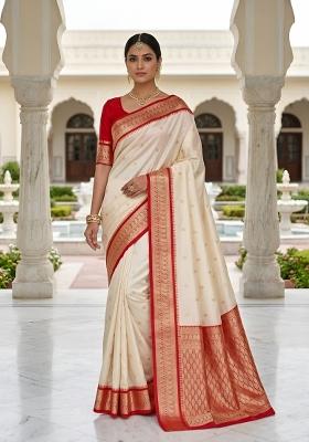 White Woven Design Banarasi Saree Set