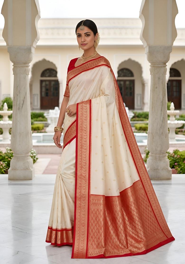 White Woven Design Banarasi Saree Set - Indya