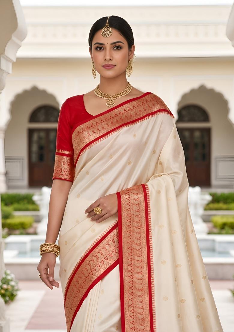 White Woven Design Banarasi Saree Set - Indya