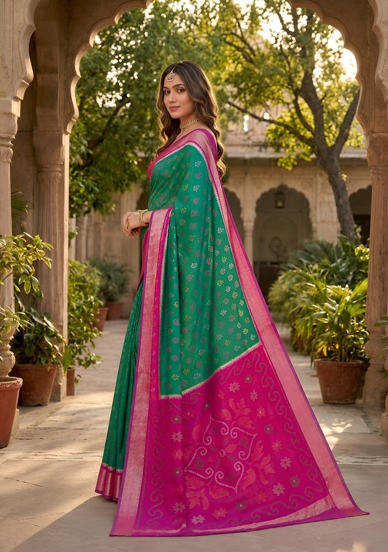 Sea Green Woven Design Silk Saree Set - Indya
