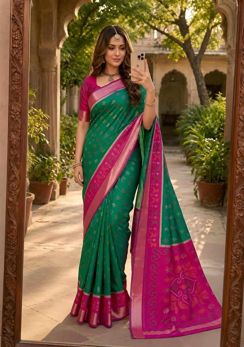 Sea Green Woven Design Silk Saree Set - Indya