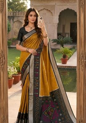 Mustard Woven Design Silk Saree Set