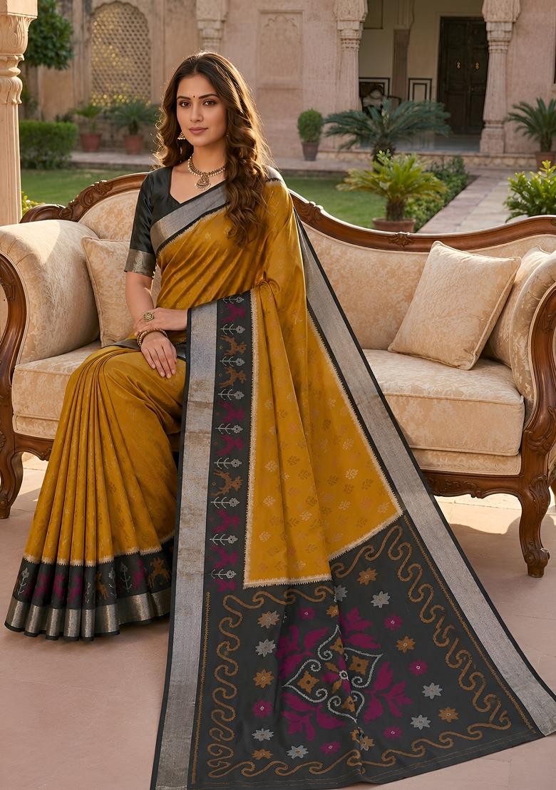 Mustard Woven Design Silk Saree Set - Indya
