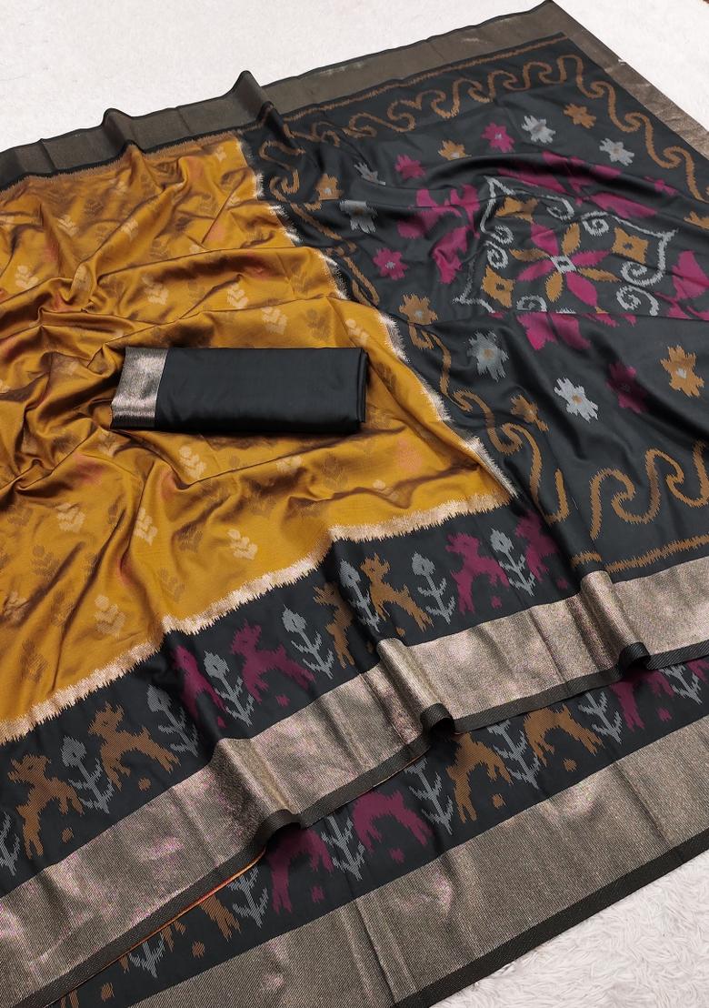 Mustard Woven Design Silk Saree Set - Indya