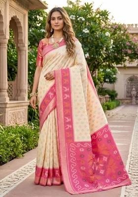 White Woven Design Silk Saree Set