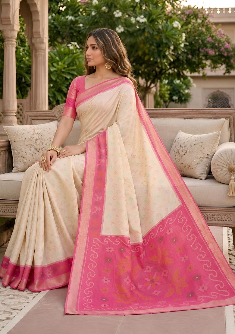 White Woven Design Silk Saree Set - Indya