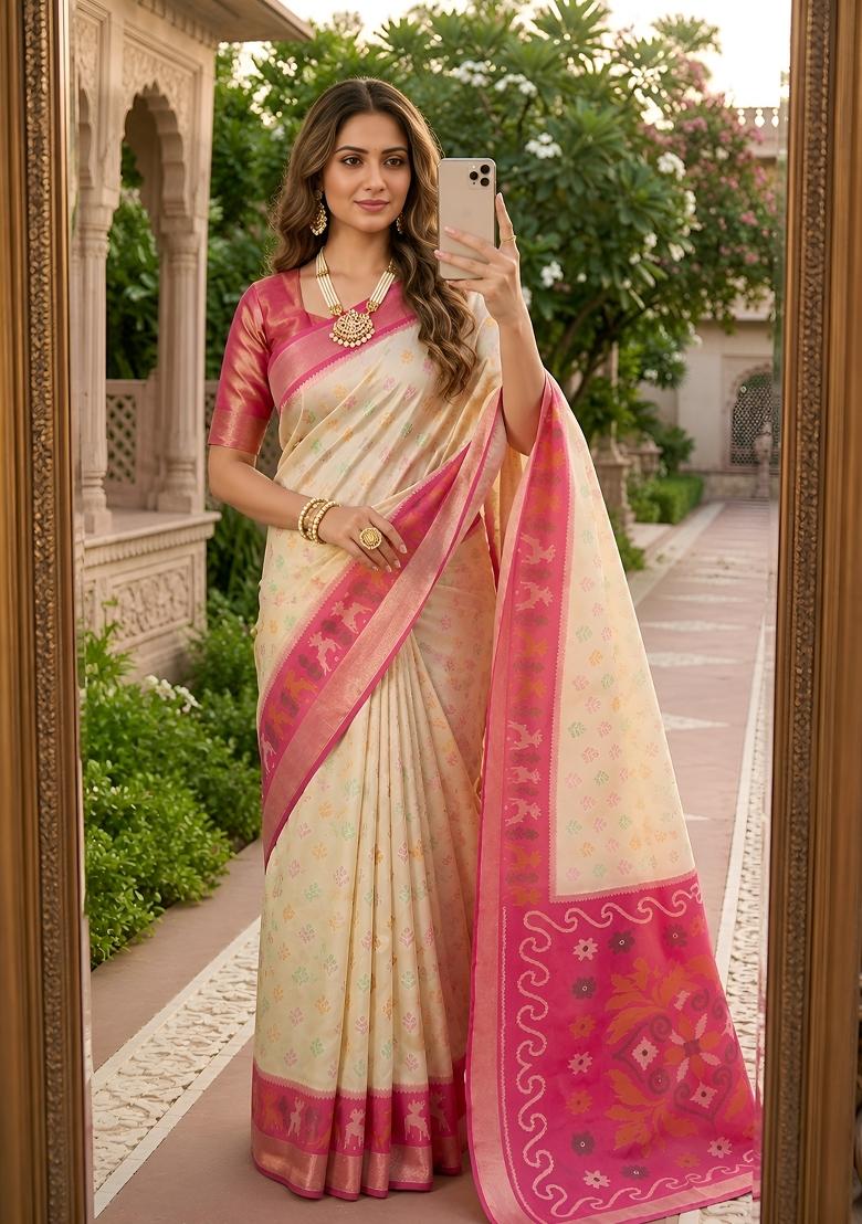 White Woven Design Silk Saree Set - Indya