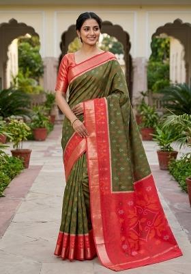 Green Woven Design Silk Saree Set