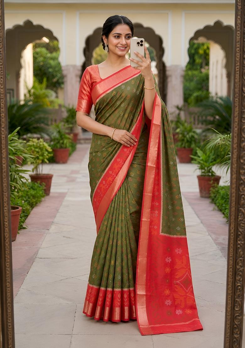 Green Woven Design Silk Saree Set - Indya