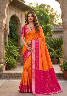 Orange Woven Design Silk Saree Set