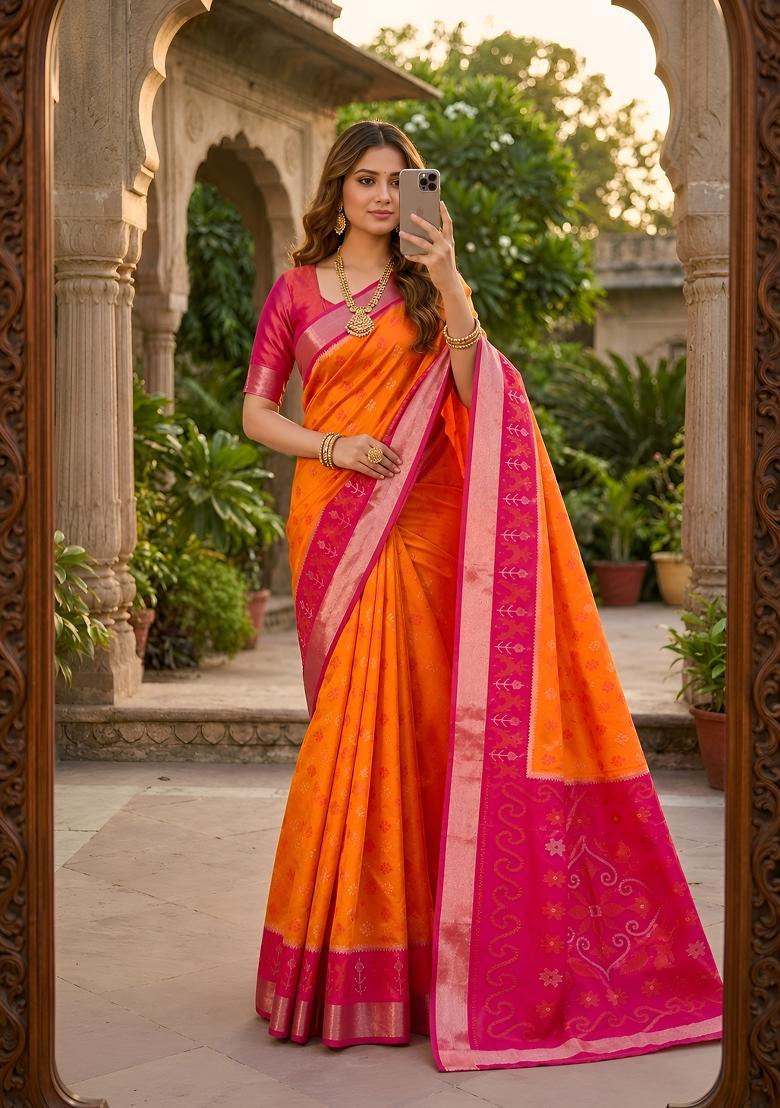 Orange Woven Design Silk Saree Set - Indya