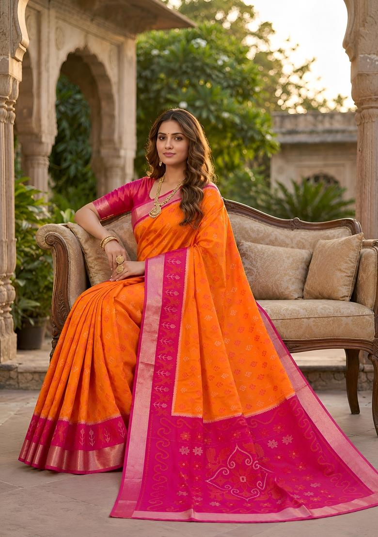 Orange Woven Design Silk Saree Set - Indya