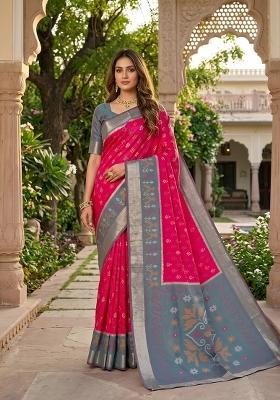 Pink Woven Design Silk Saree Set