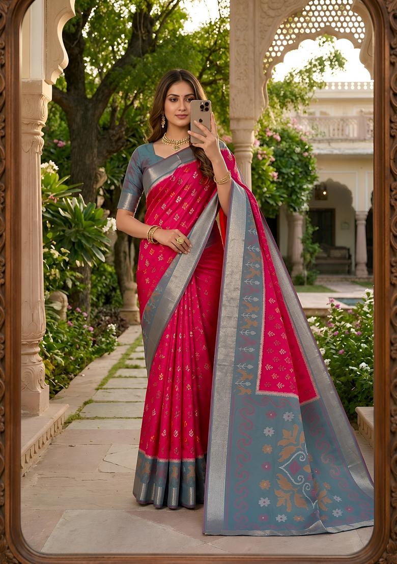 Pink Woven Design Silk Saree Set - Indya