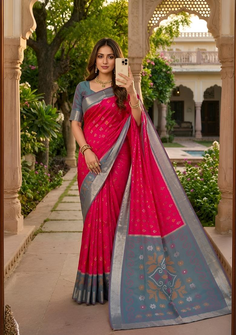 Pink Woven Design Silk Saree Set - Indya