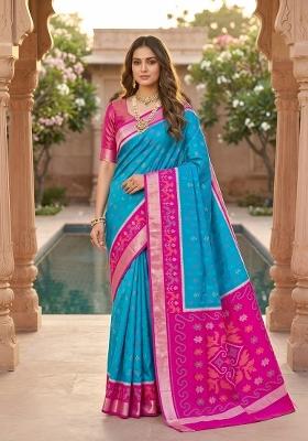 Sky Blue Woven Design Silk Saree Set