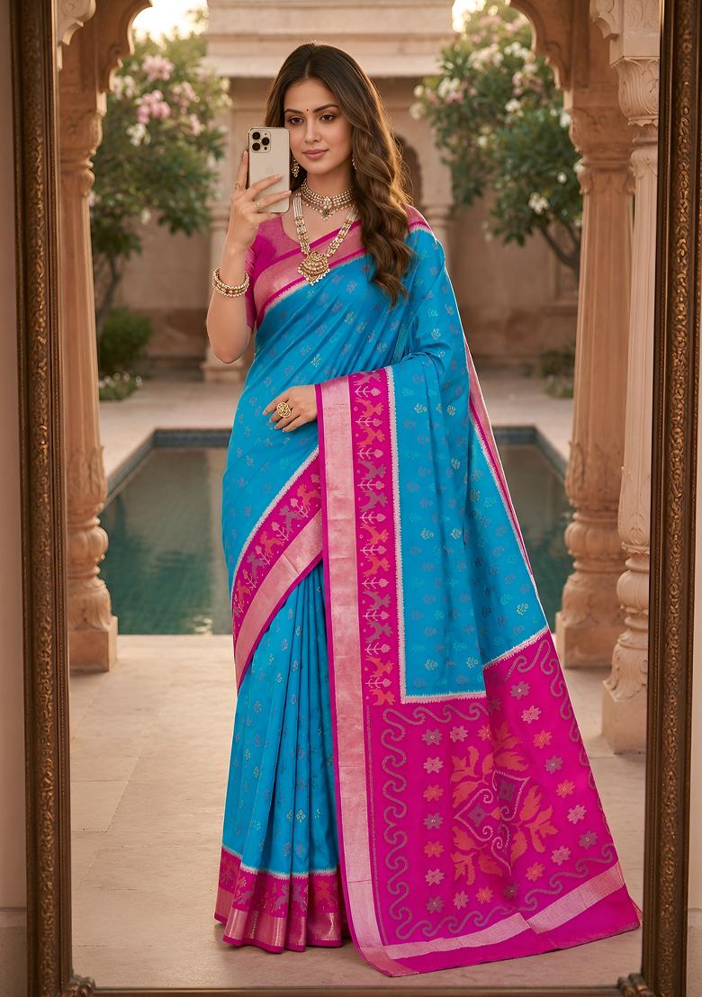 Sky Blue Woven Design Silk Saree Set - Indya