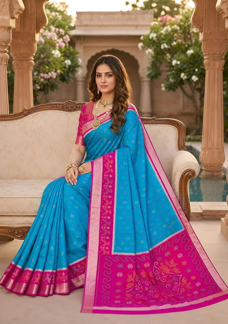 Sky Blue Woven Design Silk Saree Set - Indya