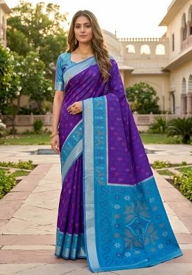 Purple Woven Design Silk Saree Set