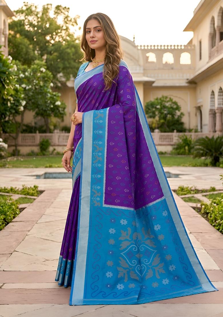Purple Woven Design Silk Saree Set - Indya