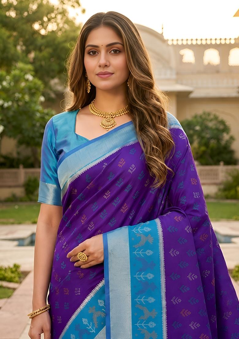 Purple Woven Design Silk Saree Set - Indya