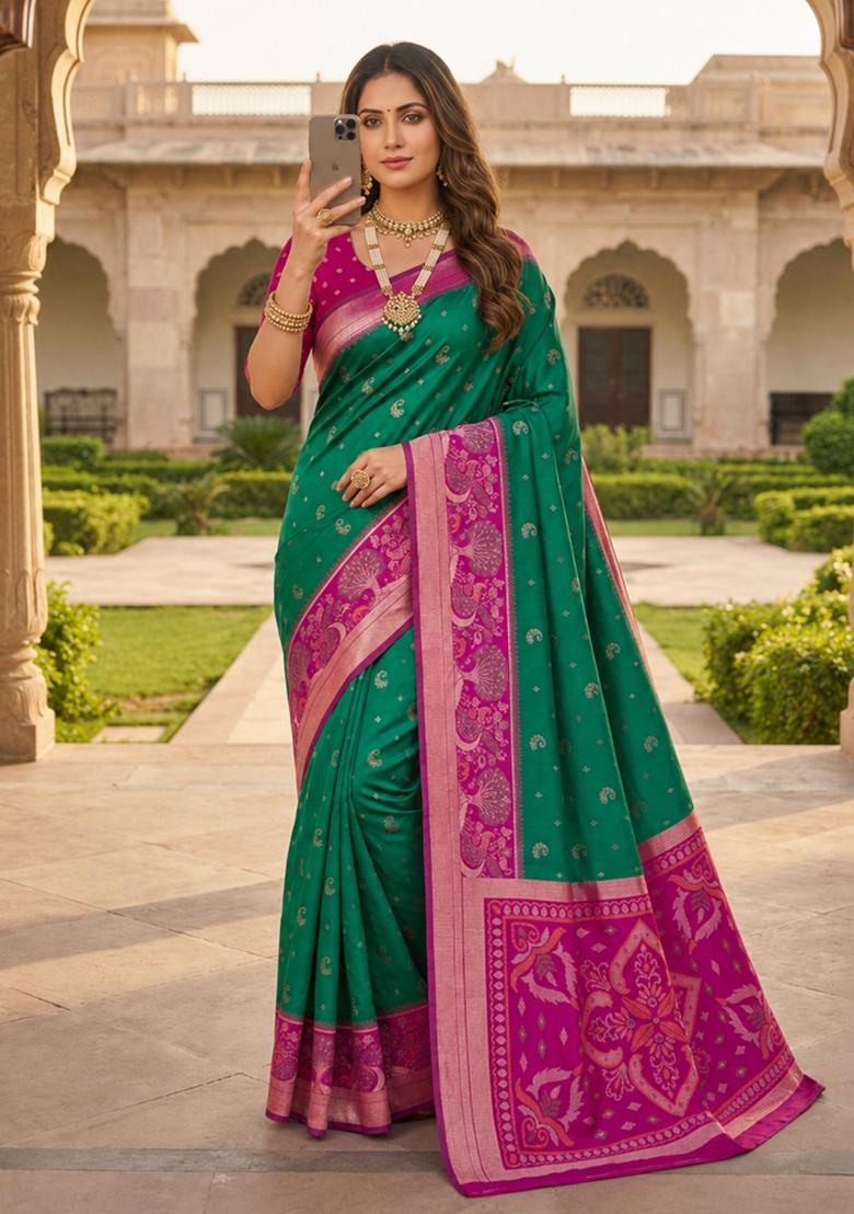 Sea Green Woven Design Silk Saree Set - Indya