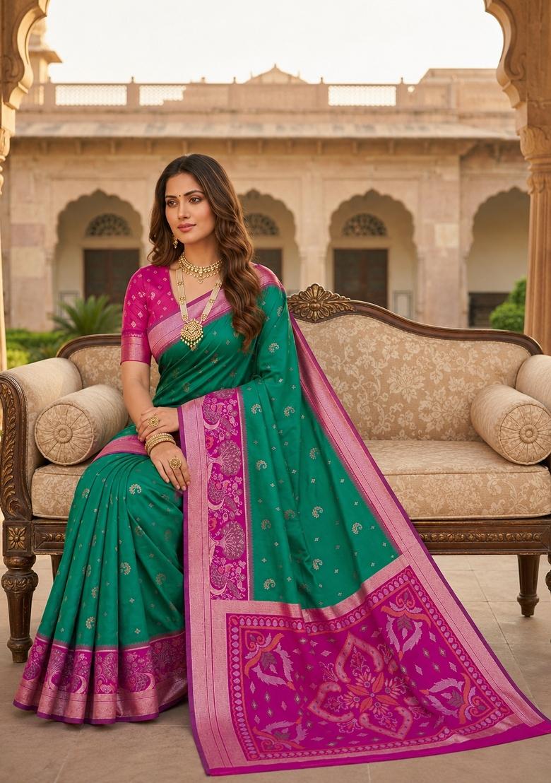 Sea Green Woven Design Silk Saree Set - Indya