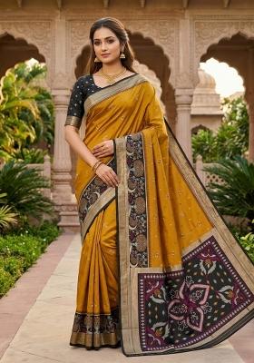 Mustard Woven Design Silk Saree Set