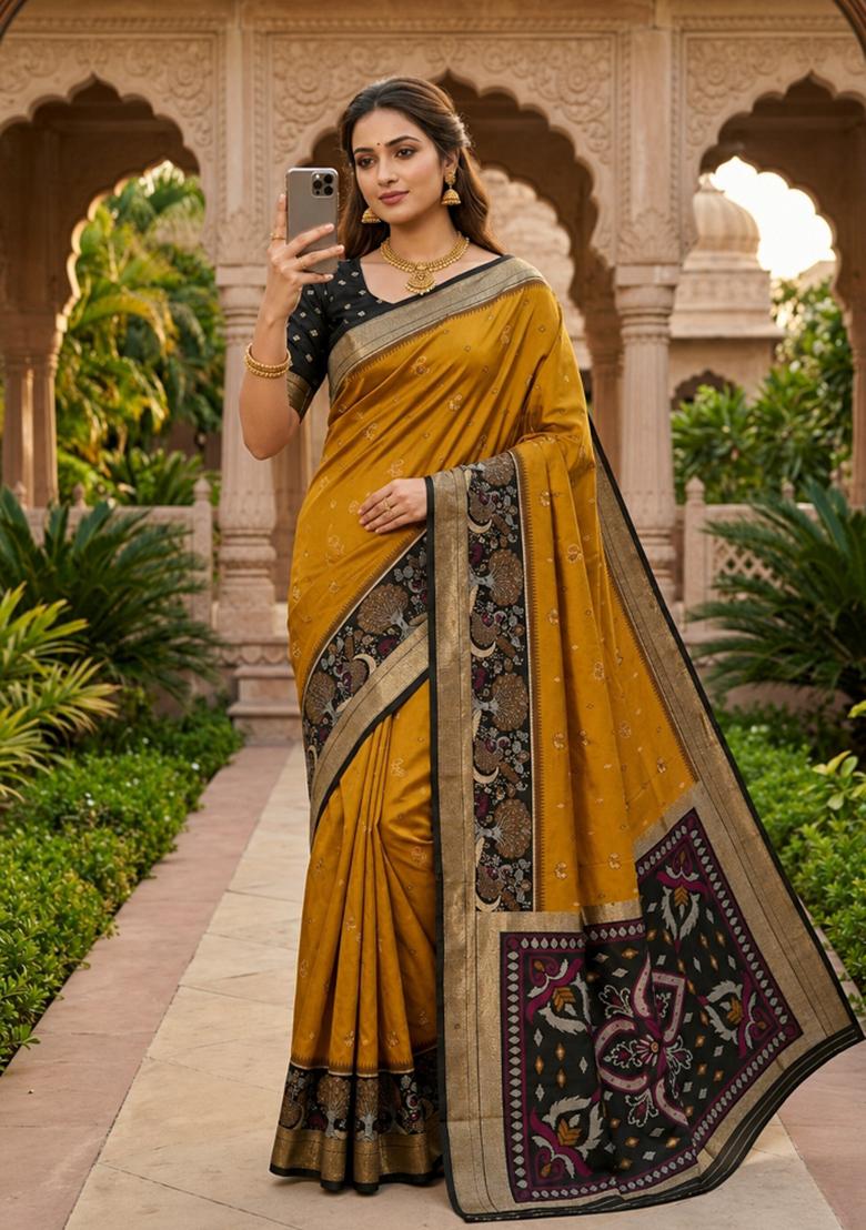 Mustard Woven Design Silk Saree Set - Indya