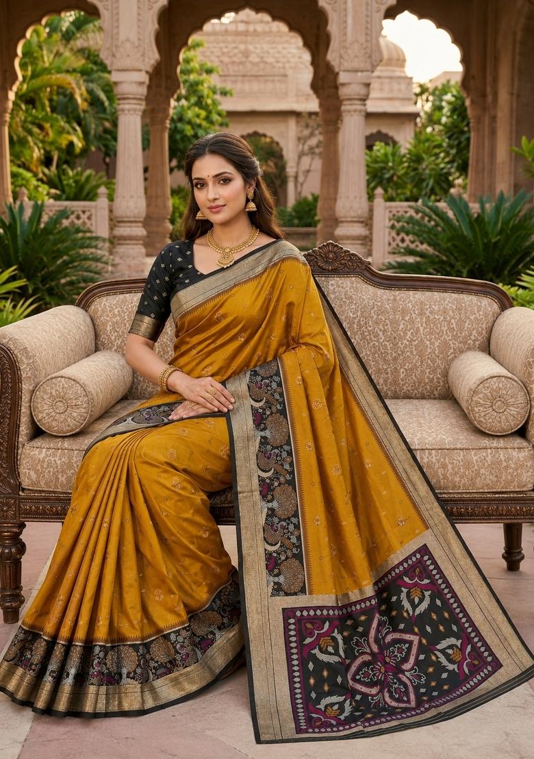 Mustard Woven Design Silk Saree Set - Indya