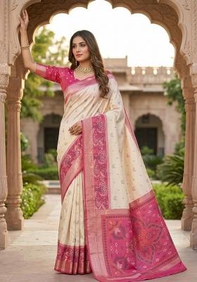 White Woven Design Silk Saree Set