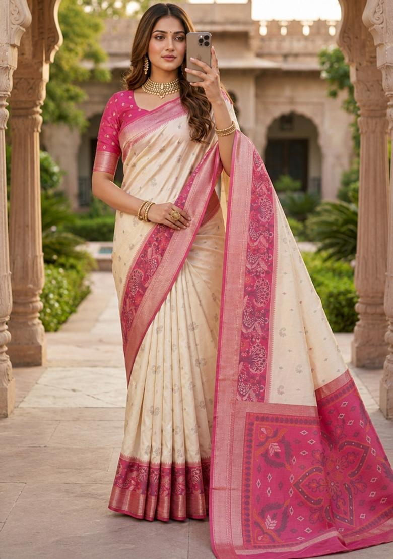 White Woven Design Silk Saree Set - Indya