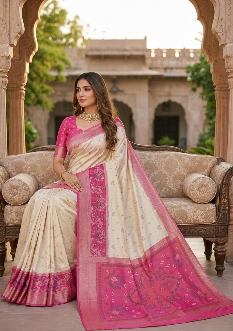 White Woven Design Silk Saree Set - Indya