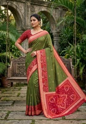 Green Woven Design Silk Saree Set