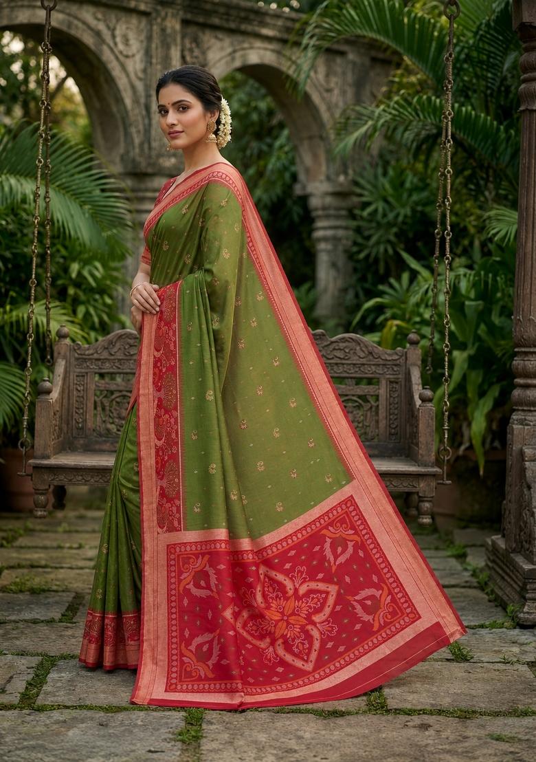 Green Woven Design Silk Saree Set - Indya