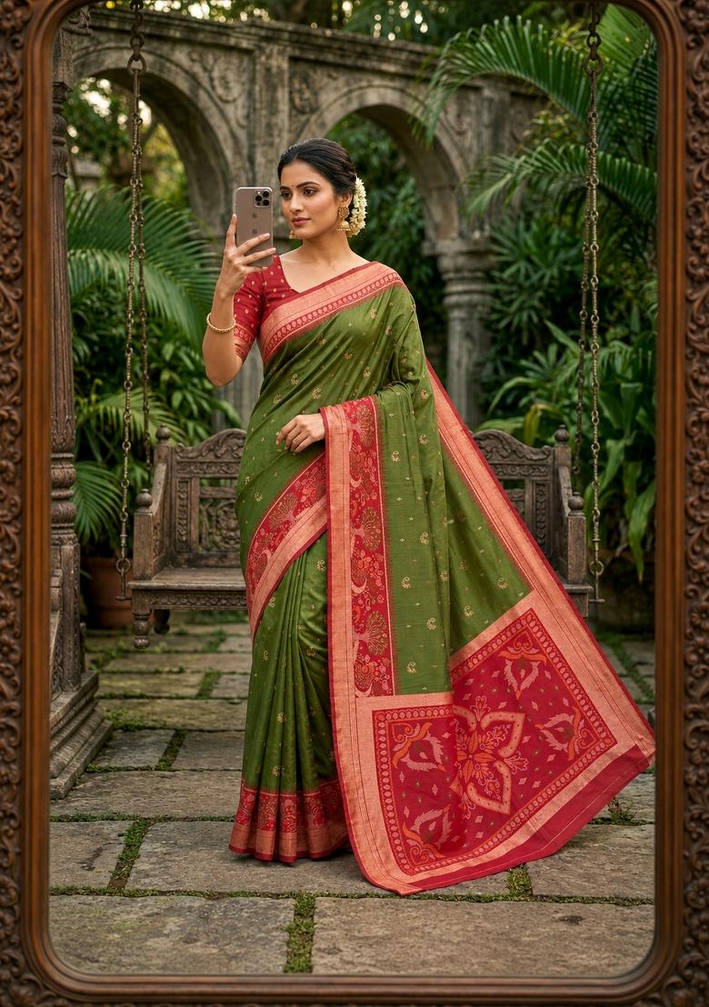 Green Woven Design Silk Saree Set - Indya