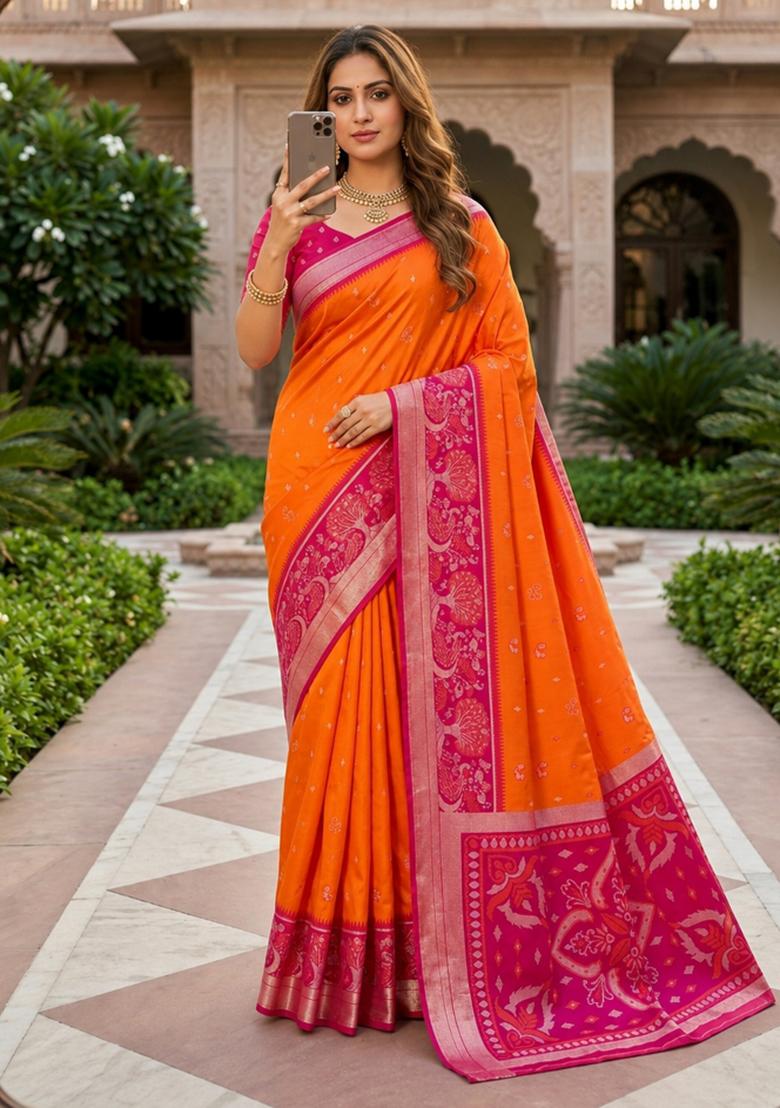 Orange Woven Design Silk Saree Set - Indya
