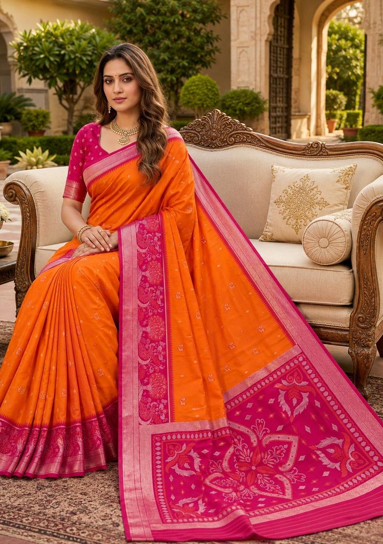 Orange Woven Design Silk Saree Set - Indya