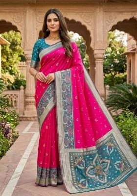 Pink Woven Design Silk Saree Set
