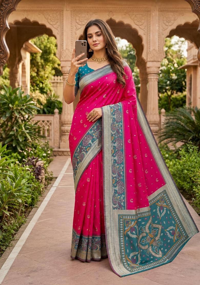 Pink Woven Design Silk Saree Set - Indya