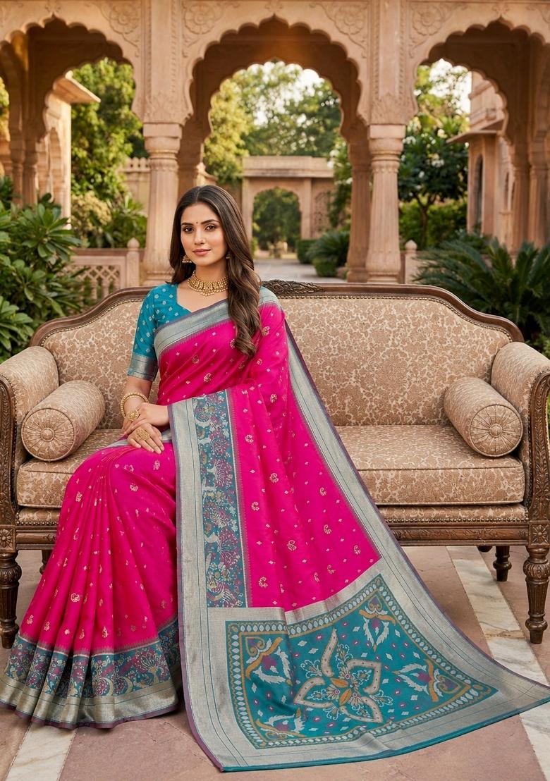 Pink Woven Design Silk Saree Set - Indya