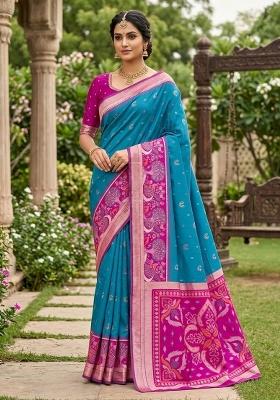 Sky Blue Woven Design Silk Saree Set