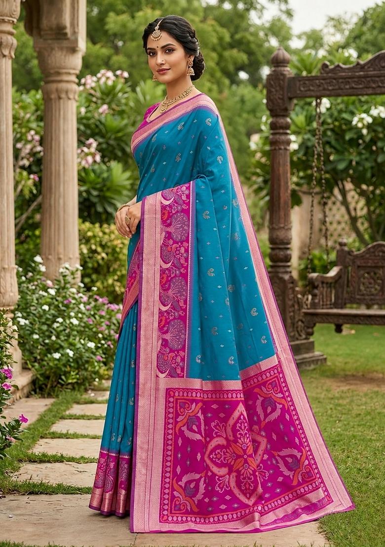 Sky Blue Woven Design Silk Saree Set - Indya