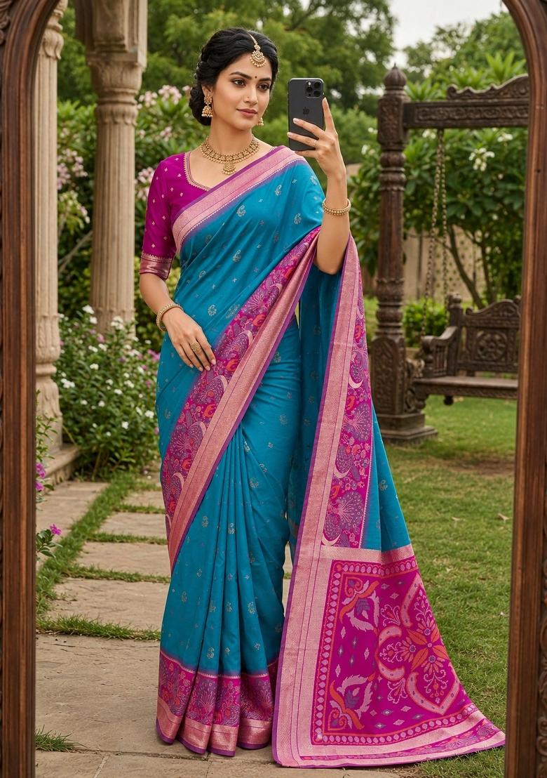 Sky Blue Woven Design Silk Saree Set - Indya